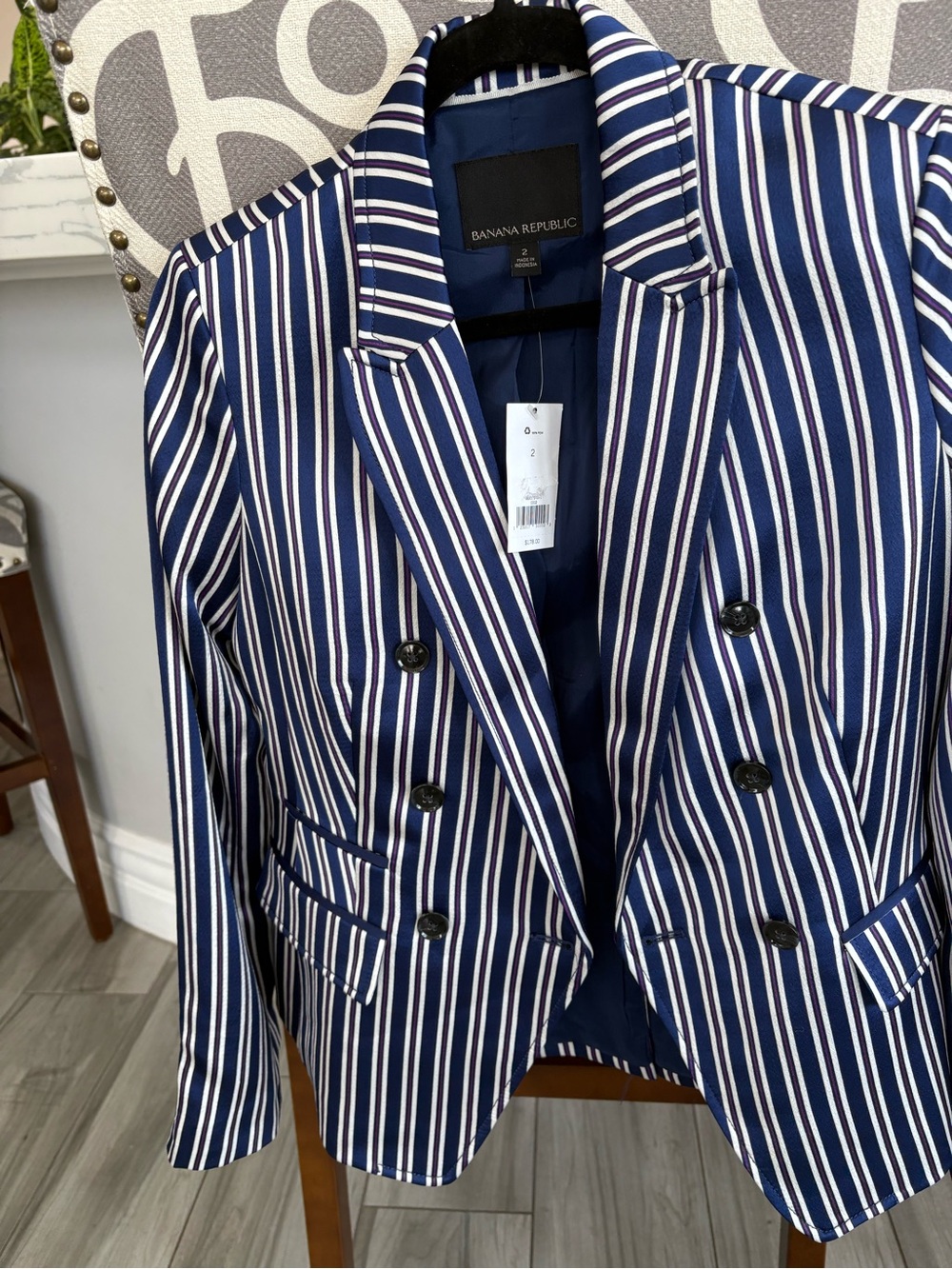 Banana Republic Navy and White Striped Double-Breasted Blazer